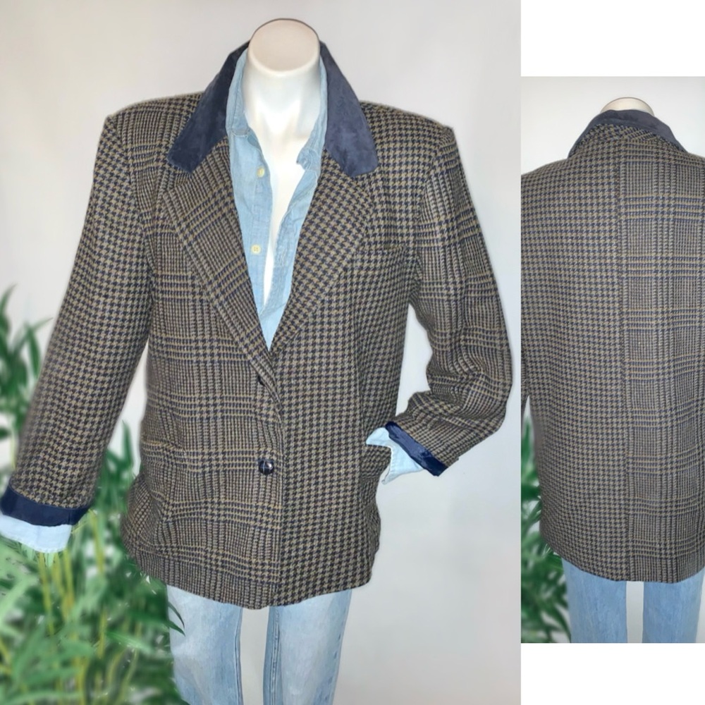 v i n t a g e :: Plaid Houndstooth Wool Leather Collar Blazer - Picture 8 of 13